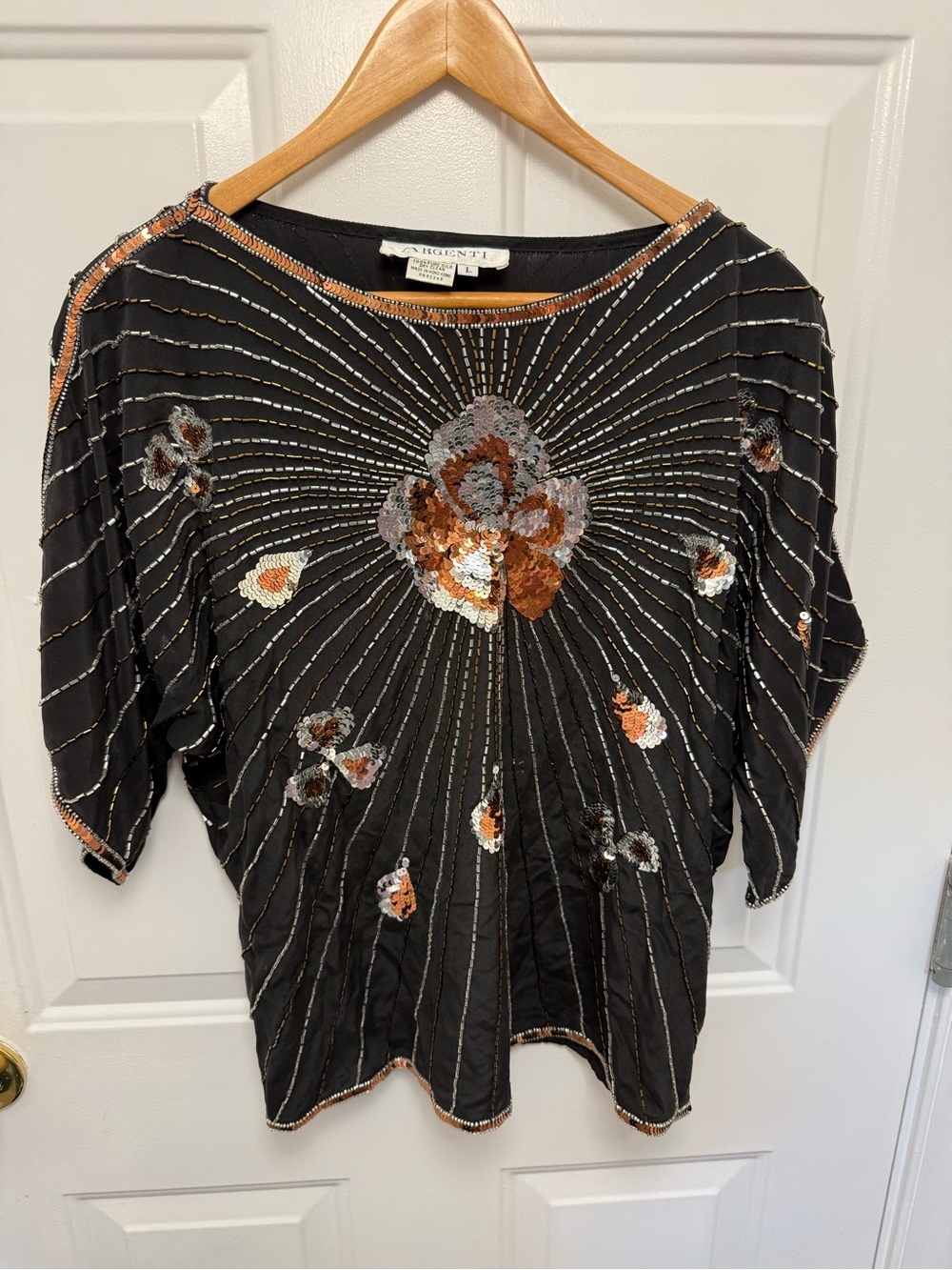 Argenti Vintage Beaded Silk Top Size Large 90s Floral Sequins Maximalist